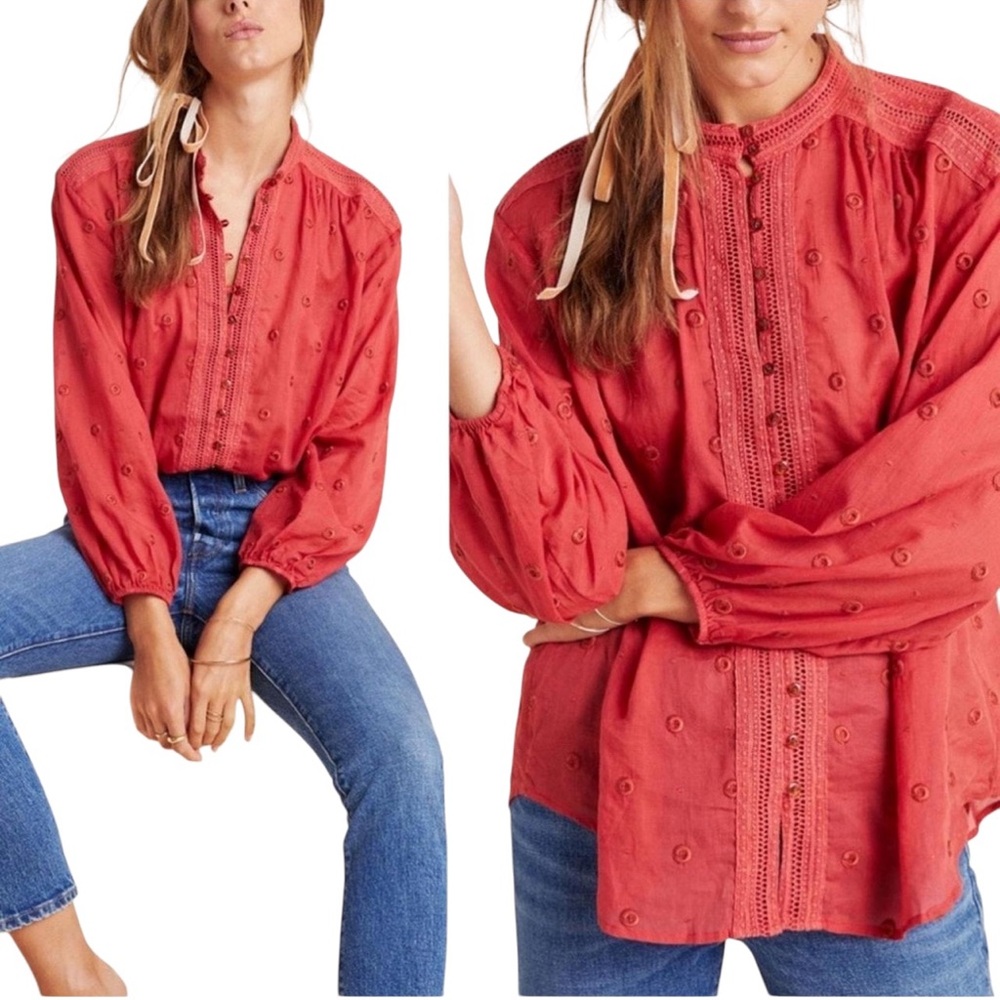 MAEVE For Anthropologie Shirt August Button Front Boho Swiss Dot Red Size Small